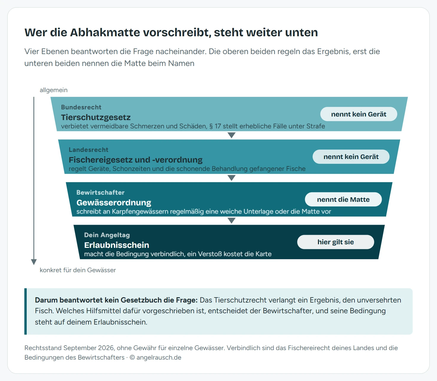 Vierstufige Kaskade von allgemein nach konkret: Das Tierschutzgesetz verbietet vermeidbare Schmerzen und nennt kein Gerät, das Landesfischereirecht regelt Schonzeiten und Geräte und nennt die Abhakmatte ebenfalls nicht, die Gewässerordnung des Bewirtschafters schreibt sie an Karpfengewässern häufig ausdrücklich vor, und der Erlaubnisschein macht diese Bedingung für den einzelnen Angeltag verbindlich