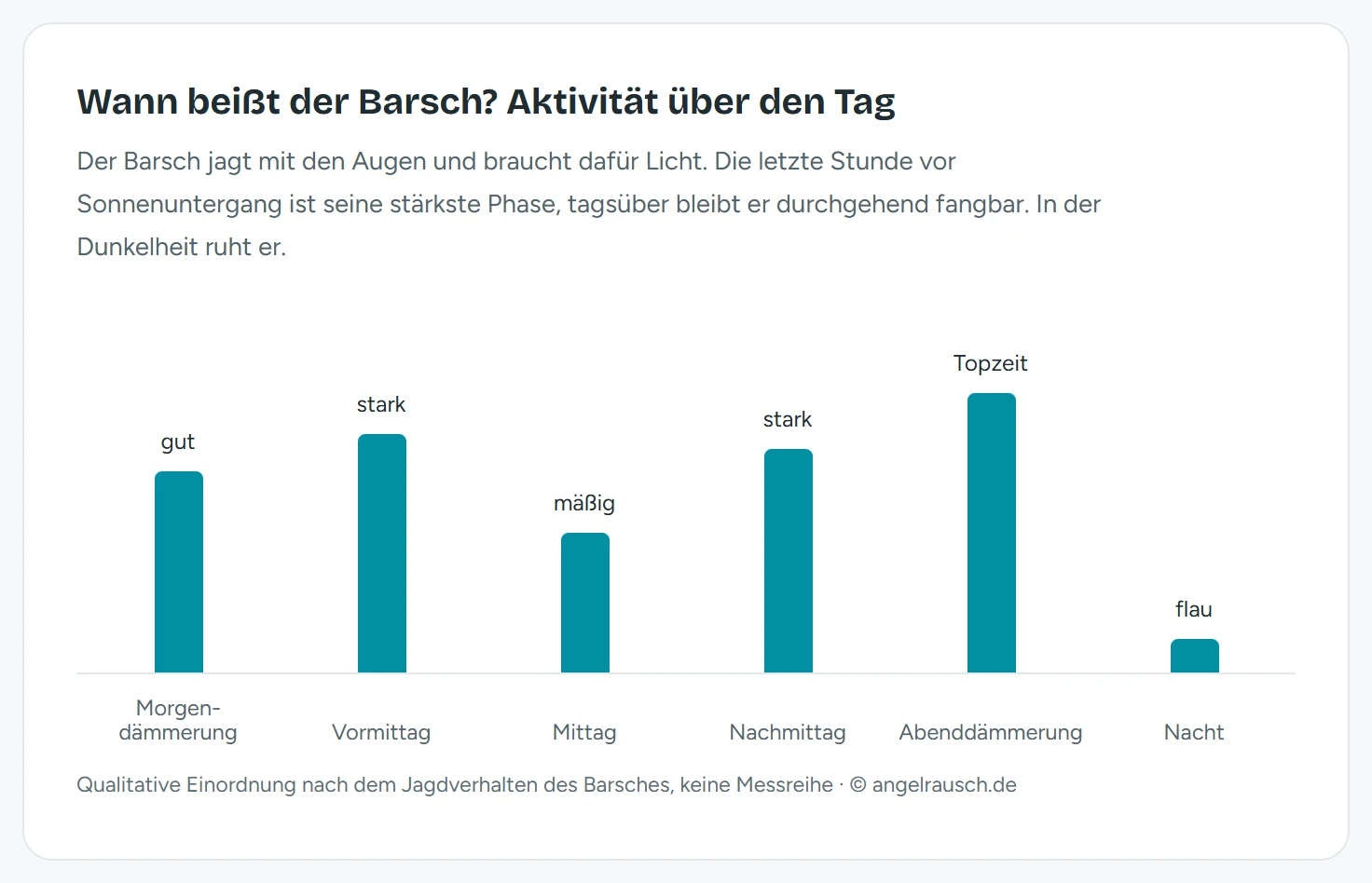 Balkendiagramm der Barsch-Aktivität über den Tag: Die Abenddämmerung ist mit dem höchsten Balken Topzeit, Vormittag und Nachmittag sind stark, die Morgendämmerung gut, der Mittag mäßig, die Nacht mit dem niedrigsten Balken flau