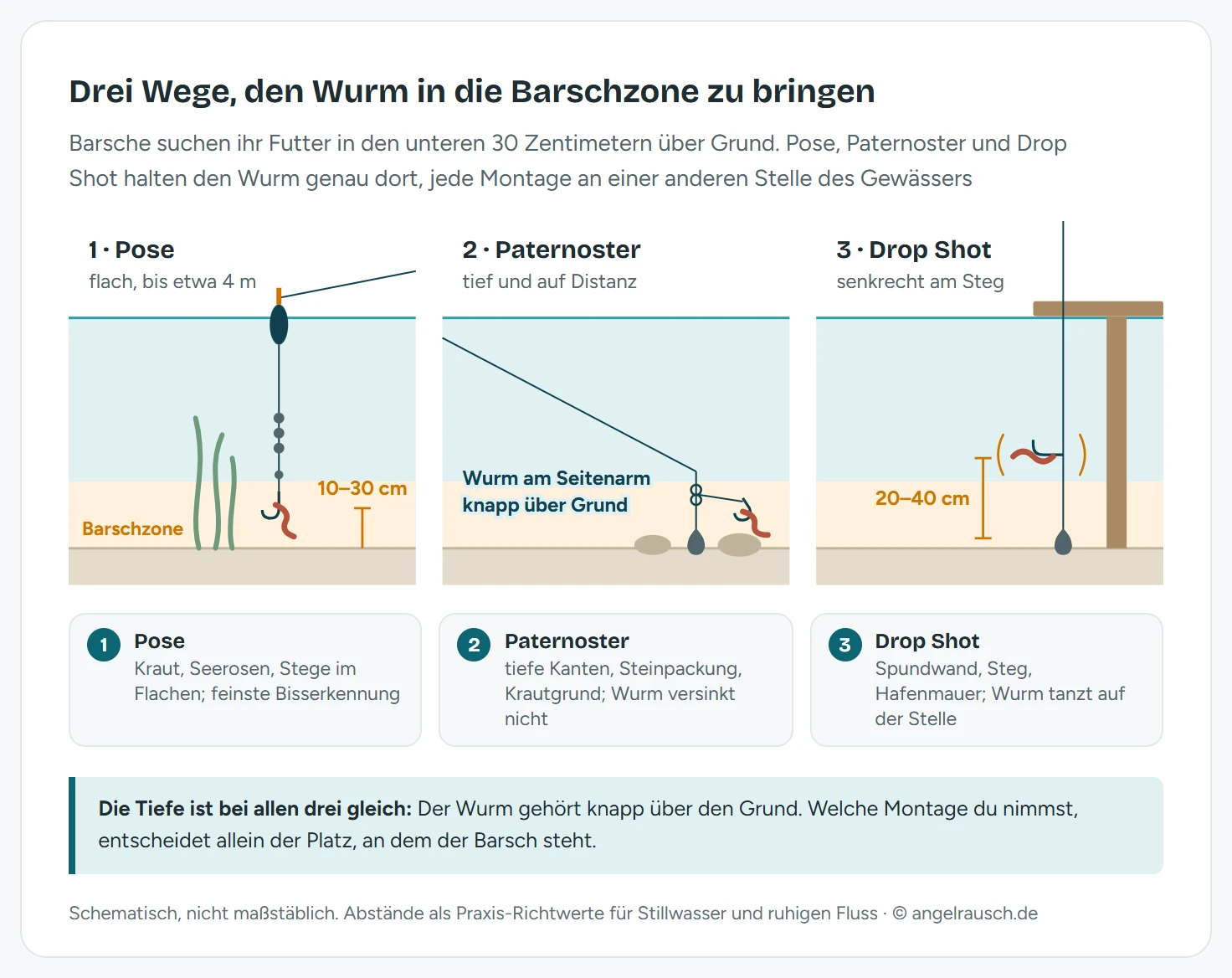 Drei Schemazeichnungen nebeneinander: Posenmontage mit Wurm 10 bis 30 Zentimeter über Grund im flachen Uferbereich, Grundmontage als Paternoster mit Blei am Grund und dem Wurm am Seitenarm knapp darüber auf Distanz, Drop-Shot-Montage senkrecht unter der Rutenspitze an einem Steg mit dem Wurm 20 bis 40 Zentimeter über dem Blei