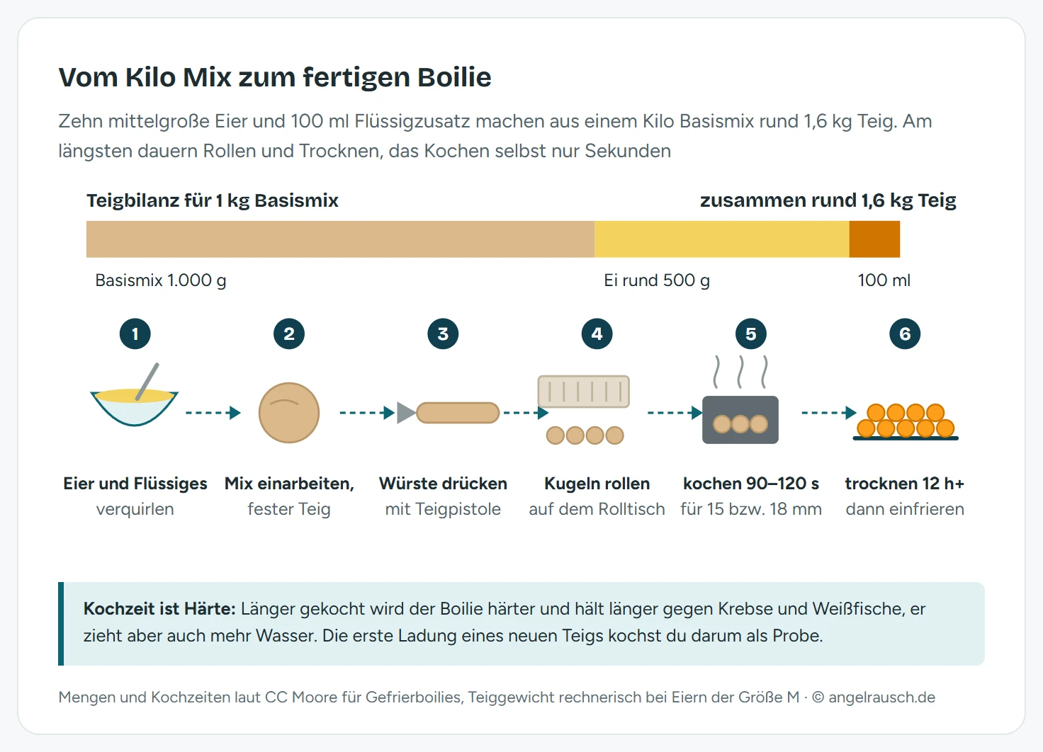 Oben ein Balken als Teigbilanz: 1.000 g Basismix, rund 500 g Ei aus zehn mittelgroßen Eiern und 100 ml Flüssigzusatz ergeben zusammen rund 1,6 kg Teig. Darunter sechs Schritte mit Pfeilen: Eier und Flüssiges verquirlen, Mix einarbeiten, Würste mit der Teigpistole drücken, Kugeln auf dem Rolltisch rollen, kochen mit 90 Sekunden bei 15 mm und 120 Sekunden bei 18 mm, mindestens 12 Stunden trocknen und einfrieren.