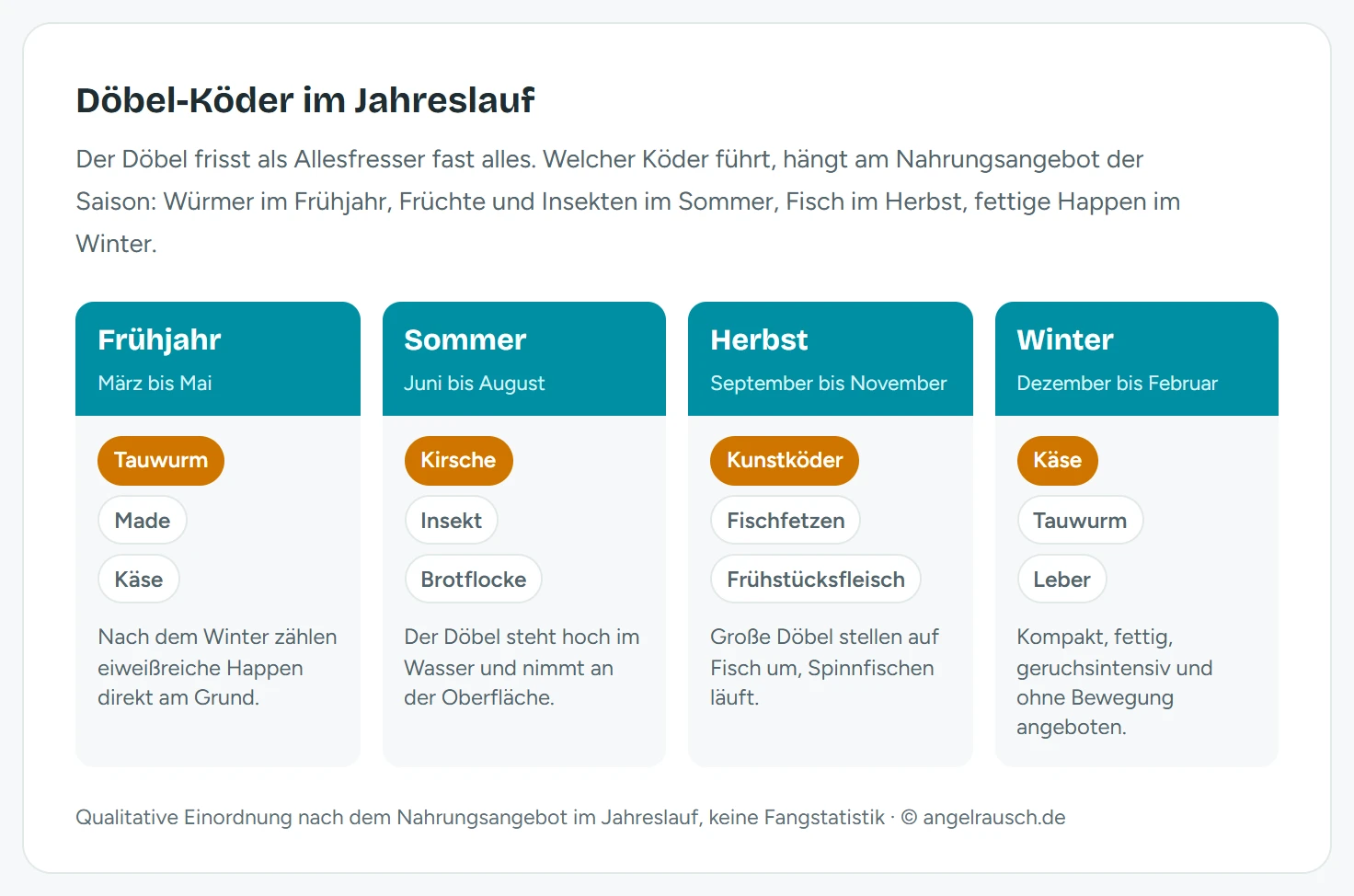 Vier Saisonkarten mit Döbel-Ködern: Frühjahr mit Tauwurm als Topköder plus Made und Käse, Sommer mit Kirsche plus Insekt und Brotflocke, Herbst mit Kunstköder plus Fischfetzen und Frühstücksfleisch, Winter mit Käse plus Tauwurm und Leber