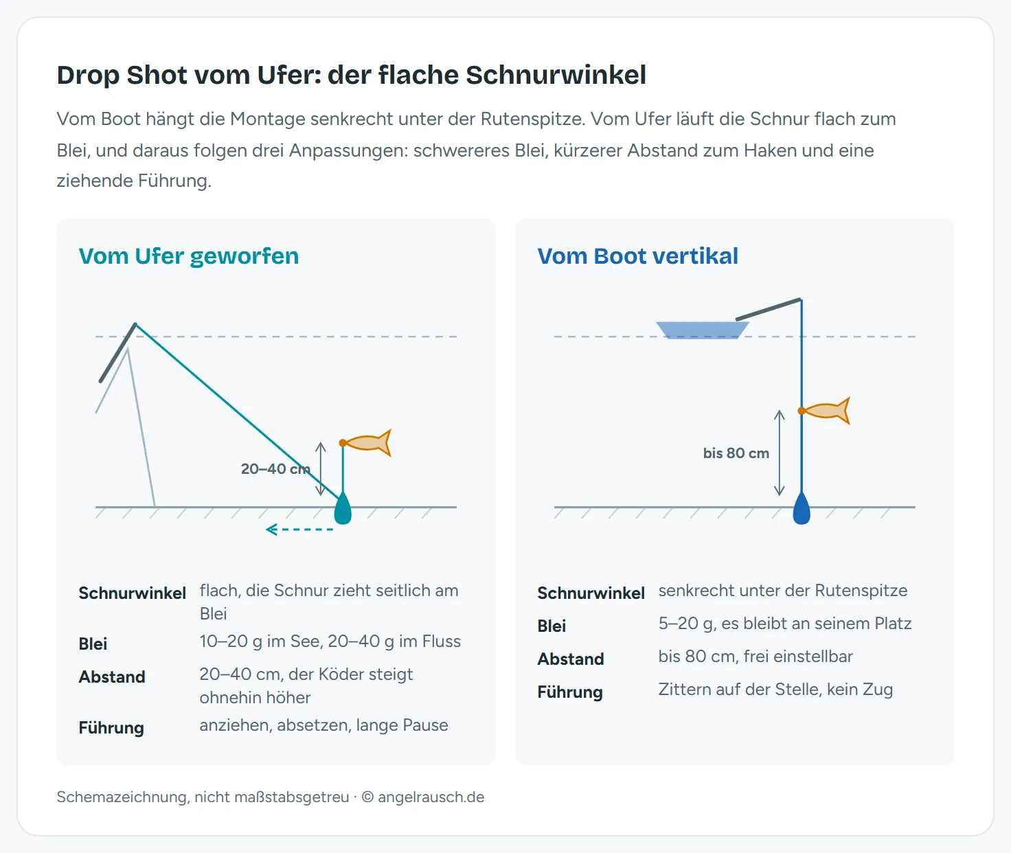Vergleichs-Schemazeichnung Drop Shot: links vom Ufer mit flachem Schnurwinkel, Blei 10 bis 40 Gramm, kurzem Hakenabstand von 20 bis 40 Zentimetern und ziehender Führung, rechts vom Boot mit senkrechter Schnur, leichterem Blei und Abstand bis 80 Zentimeter