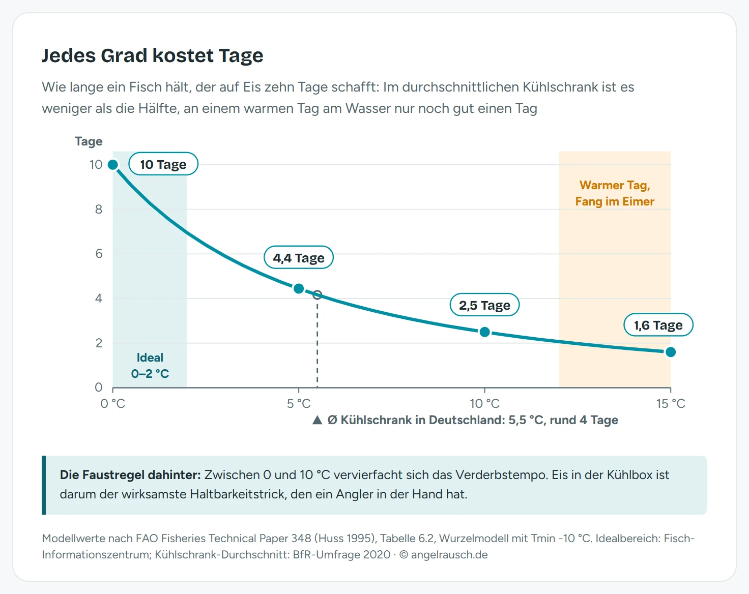 Kurvendiagramm der Haltbarkeit von frischem Fisch in Abhängigkeit von der Lagertemperatur nach FAO: Ein Fisch, der auf Eis bei 0 Grad 10 Tage hält, schafft bei 5 Grad 4,4 Tage, bei 10 Grad 2,5 Tage und bei 15 Grad 1,6 Tage. Markiert sind der Idealbereich 0 bis 2 Grad und der Durchschnitt deutscher Kühlschränke von 5,5 Grad