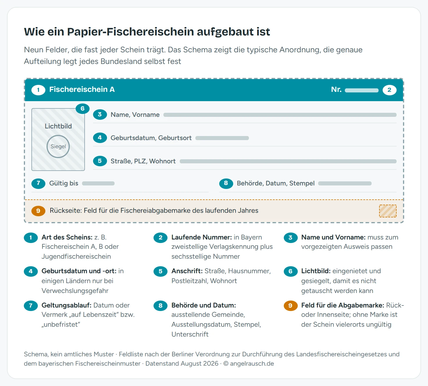 Schematischer Aufbau eines Papier-Fischereischeins mit neun nummerierten Feldern: Scheinart und laufende Nummer in der Kopfzeile, Lichtbild mit Siegel links, daneben Name, Geburtsdatum und Anschrift, unten Geltungsablauf und ausstellende Behörde, auf der Rückseite das Feld für die Fischereiabgabemarke