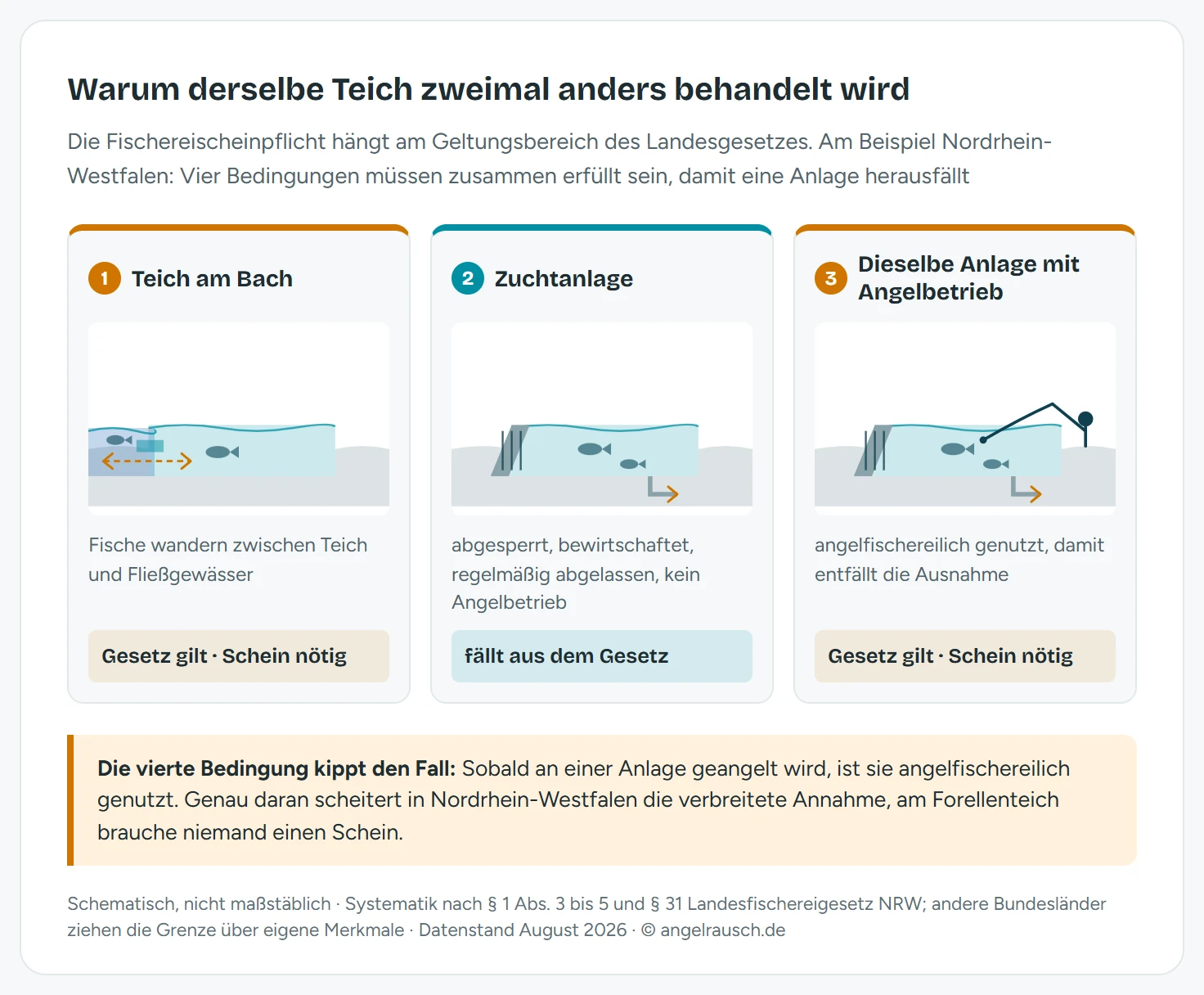 Schema mit drei Teichtypen im Schnitt: Erstens ein Teich mit Zu- und Ablauf zum Bach, Fische wandern hin und her, das Landesfischereigesetz gilt vollständig und der Fischereischein ist nötig. Zweitens eine abgesperrte Fischzuchtanlage ohne Angelbetrieb, die aus dem Gesetz herausfällt. Drittens derselbe abgesperrte Teich mit Angelbetrieb, der dadurch wieder unter das Gesetz fällt