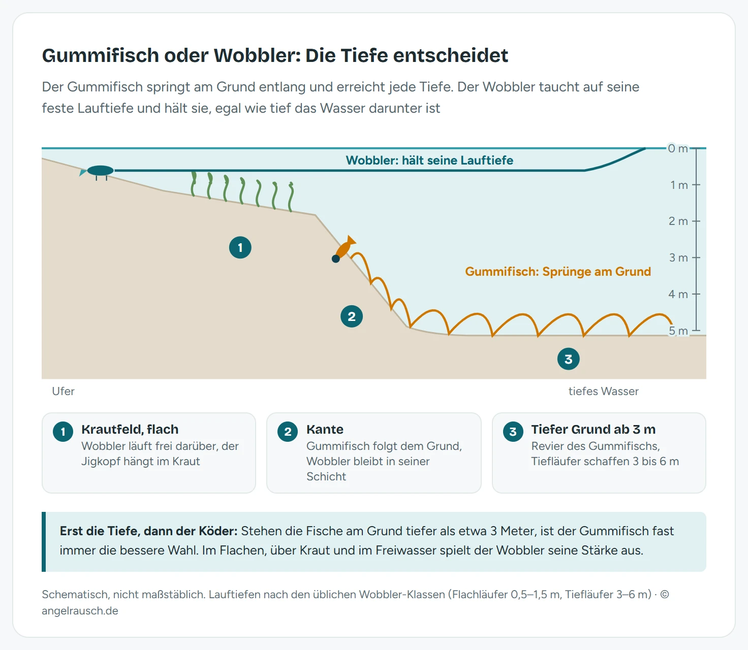 Schnitt durch ein Gewässer vom Ufer bis ins tiefe Wasser mit Tiefenskala bis 5 Meter: Ein flachlaufender Wobbler hält nach dem Abtauchen konstant rund 0,6 Meter Tiefe und läuft frei über ein Krautfeld, ein Gummifisch springt über den Grund in 5 Metern Tiefe, folgt der Kante nach oben und bleibt im Krautfeld hängen