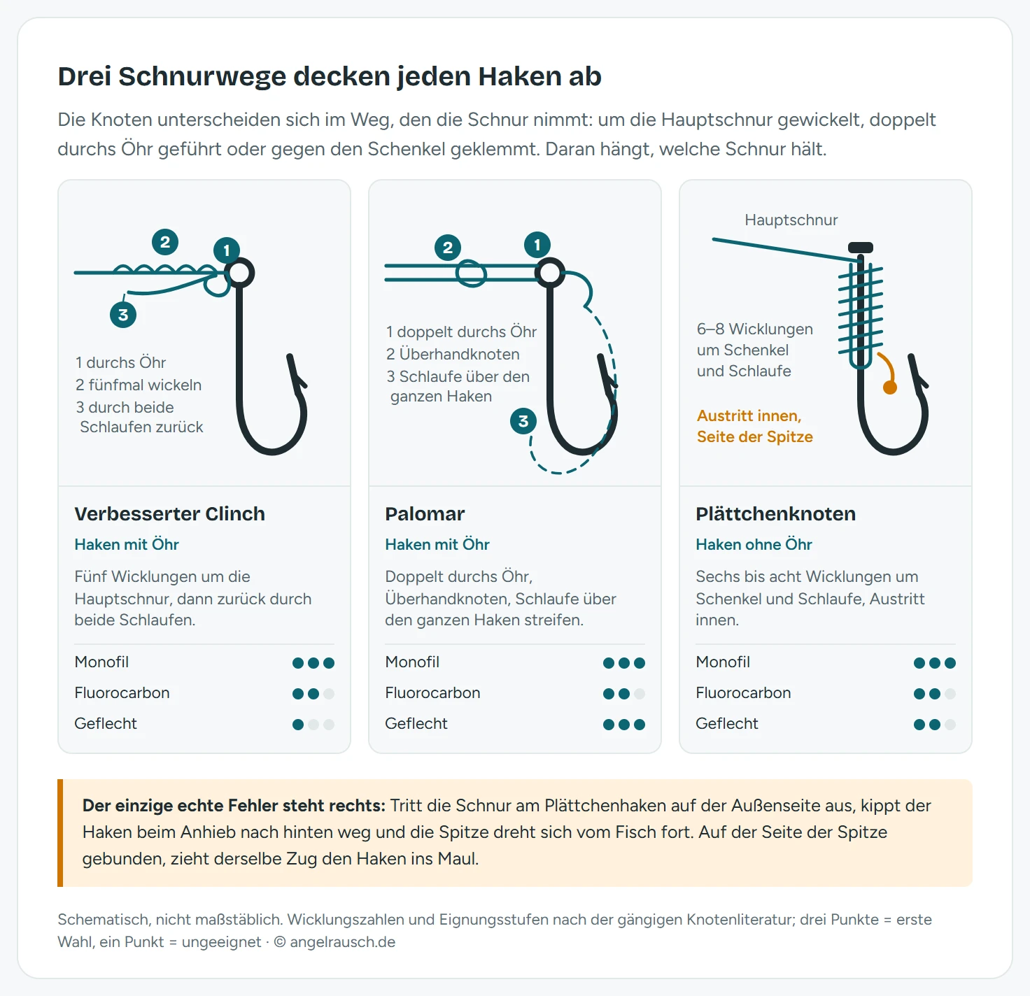 Drei Schemazeichnungen des Schnurverlaufs an Angelhaken nebeneinander. Links der verbesserte Clinchknoten: die Schnur läuft einfach durch das Öhr, das Ende wickelt sich fünfmal um die Hauptschnur und geht zurück durch die Öhrschlaufe und die große Schlaufe. In der Mitte der Palomar-Knoten: die doppelt gelegte Schnur läuft durch das Öhr, bildet einen Überhandknoten und die Schlaufe wird über den ganzen Haken gestreift. Rechts der Plättchenknoten für Haken ohne Öhr: eine Schlaufe liegt am Schenkel, sechs bis acht Wicklungen laufen um Schenkel und Schlaufe, das Schnurende tritt auf der Seite der Hakenspitze aus. Unter jedem Schema stehen Bewertungen zur Eignung für monofile Schnur, Fluorocarbon und Geflecht.