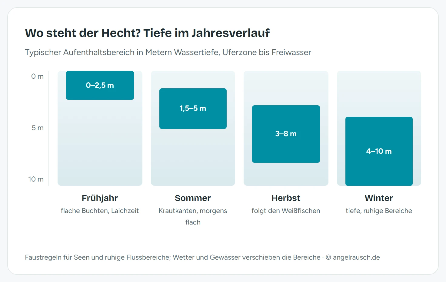 Grafik mit vier Tiefenbändern: bevorzugte Hecht-Tiefe je Jahreszeit, Frühjahr 0 bis 2,5 Meter in flachen Buchten, Sommer 1,5 bis 5 Meter an Krautkanten, Herbst 3 bis 8 Meter den Weißfischen folgend, Winter 4 bis 10 Meter in ruhigen tiefen Bereichen
