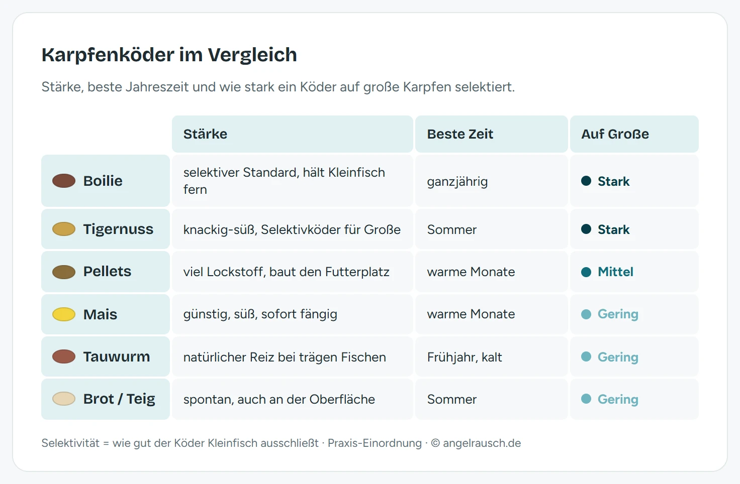 Übersichtstabelle der wichtigsten Karpfenköder: Boilie (Standard, ganzjährig, selektiert große Fische stark), Mais (günstig, warme Monate, wenig selektiv), Pellets (Futterplatz, warme Monate, mittel selektiv), Tigernuss (Selektivköder, Sommer, stark selektiv), Tauwurm (kaltes Wasser und Frühjahr, wenig selektiv), Brot und Teig (Oberfläche und Sommer, wenig selektiv)