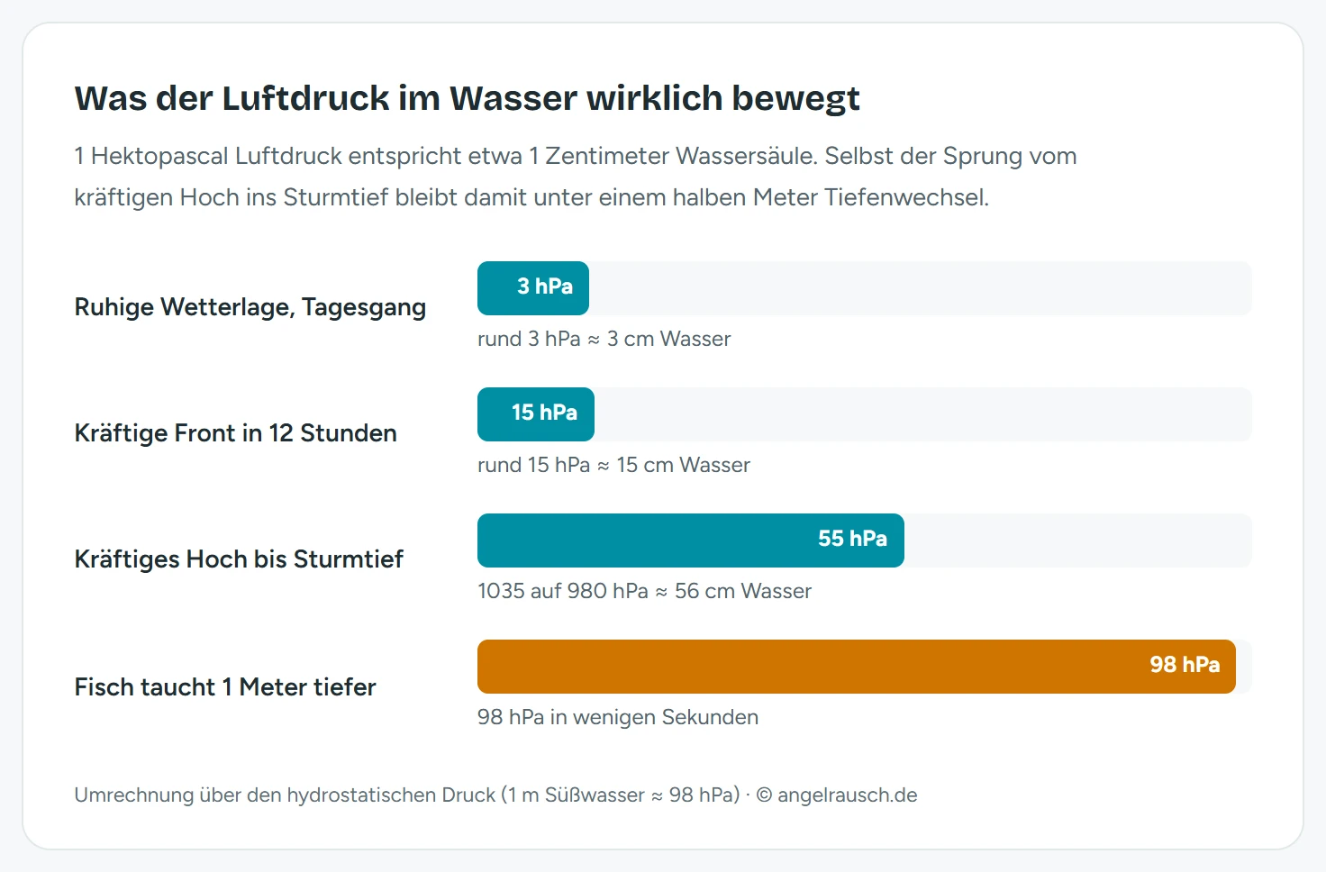Balkendiagramm mit vier Fällen in Hektopascal: ruhiger Tagesgang 3 hPa entspricht 3 Zentimeter Wasser, kräftige Front in 12 Stunden 15 hPa entspricht 15 Zentimeter, kräftiges Hoch bis Sturmtief 55 hPa entspricht 56 Zentimeter, ein Fisch der einen Meter tiefer taucht erlebt 98 hPa