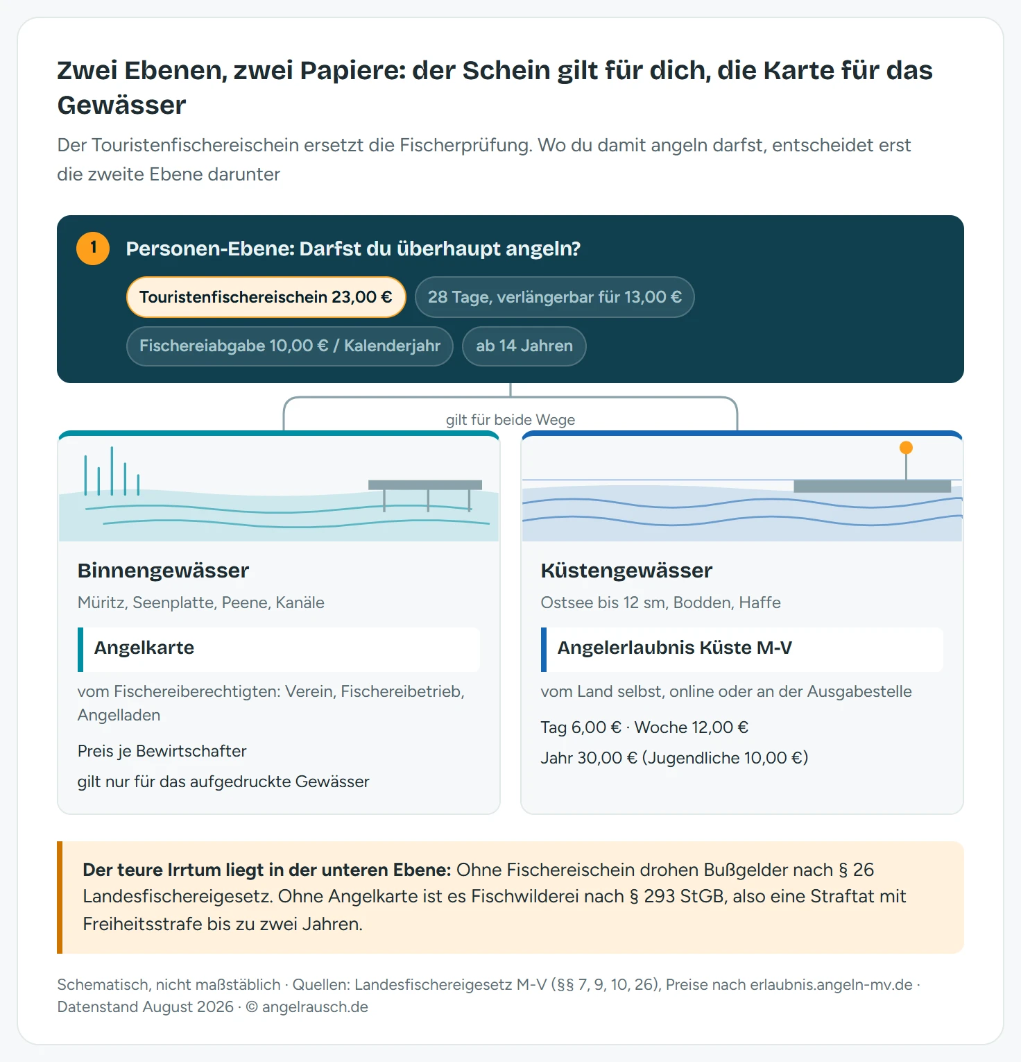 Schema der Papierpflicht in Mecklenburg-Vorpommern: Auf der Personen-Ebene steht der Touristenfischereischein für 23 Euro plus Fischereiabgabe, darunter trennt sich der Weg in Binnengewässer mit Angelkarte des Fischereiberechtigten und Küstengewässer mit der Landes-Angelerlaubnis für 6 Euro am Tag, 12 Euro die Woche oder 30 Euro im Jahr