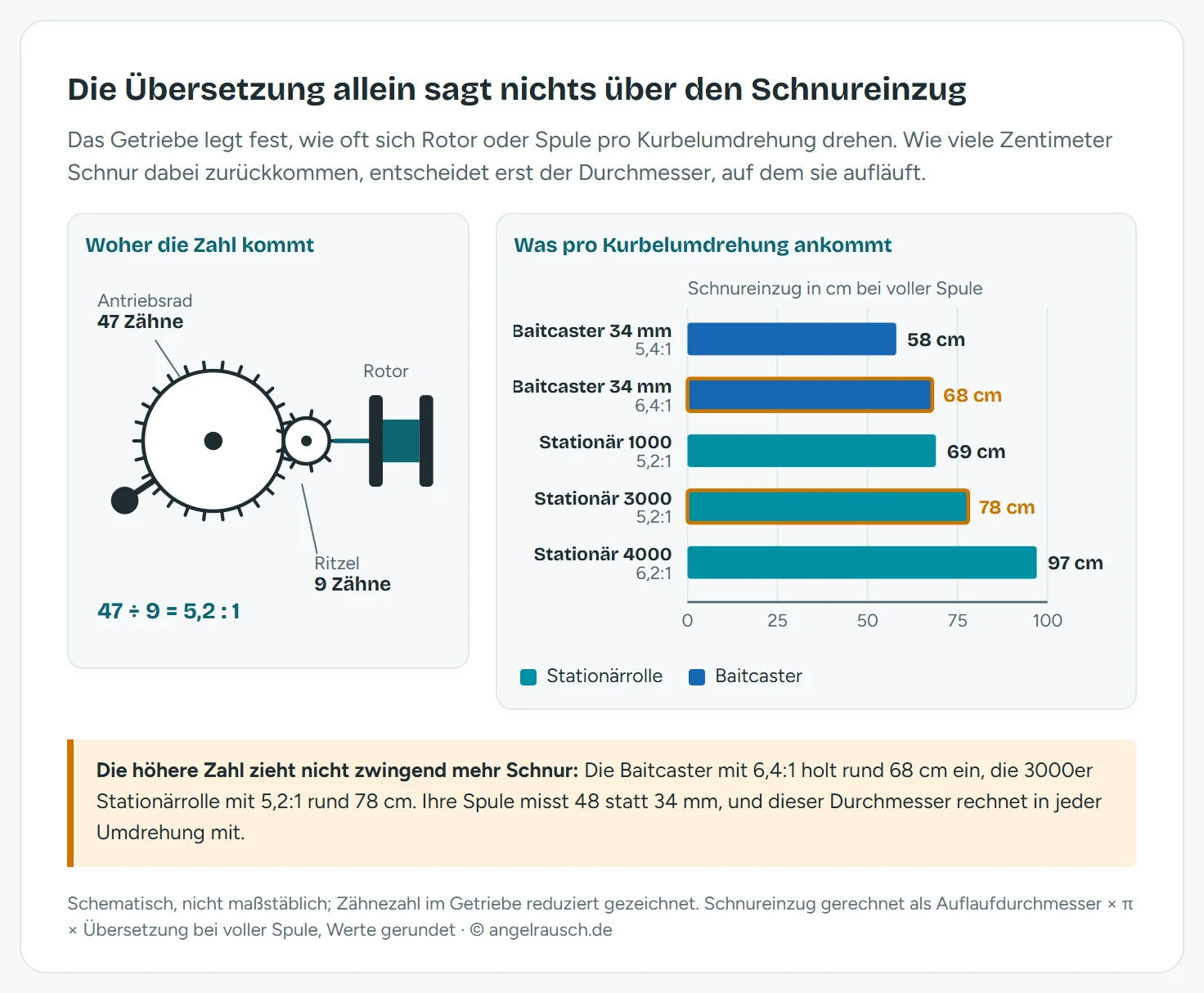 Zweiteilige Grafik zur Übersetzung von Angelrollen. Links ein Schnitt durch das Rollengetriebe: die Kurbelachse mit großem Antriebsrad (47 Zähne) greift in das kleine Ritzel (9 Zähne), das den Rotor trägt, daraus ergibt sich die Übersetzung 5,2 zu 1. Rechts fünf waagerechte Balken für den Schnureinzug pro Kurbelumdrehung: Baitcaster mit 34 Millimeter Spule und 5,4 zu 1 rund 58 Zentimeter, Baitcaster mit 6,4 zu 1 rund 68 Zentimeter, Stationärrolle Größe 1000 mit 5,2 zu 1 rund 69 Zentimeter, Stationärrolle Größe 3000 mit 5,2 zu 1 rund 78 Zentimeter, Stationärrolle Größe 4000 mit 6,2 zu 1 rund 97 Zentimeter. Die Balken zeigen, dass die Baitcaster mit der höheren Übersetzung 6,4 zu 1 weniger Schnur einholt als die 3000er Stationärrolle mit 5,2 zu 1.