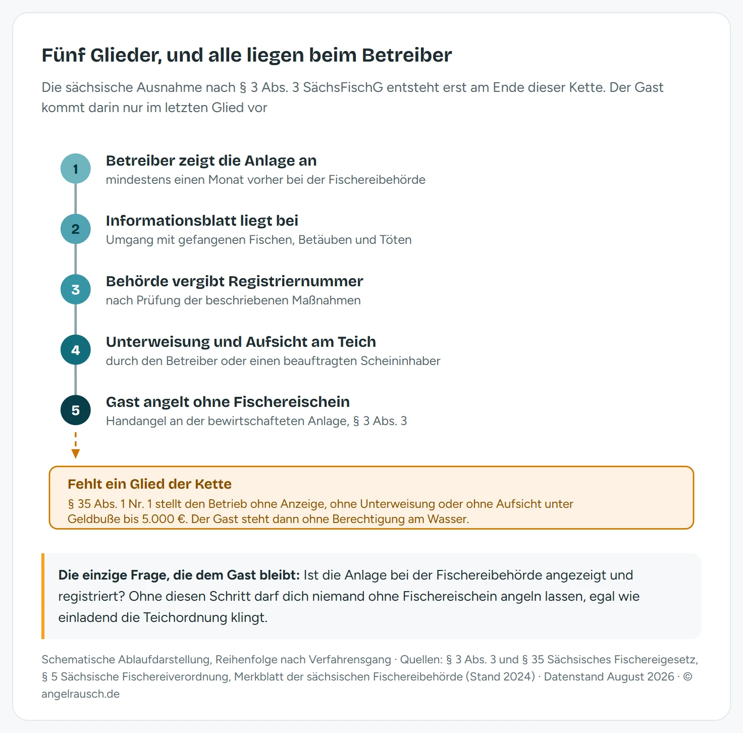 Ablaufkette in fünf Gliedern, die zeigt, wann das Angeln ohne Fischereischein an einer sächsischen bewirtschafteten Anlage legal ist. Erstes Glied: der Anlagenbetreiber zeigt das Vorhaben mindestens einen Monat vorher bei der Fischereibehörde an. Zweites Glied: er legt ein Informationsblatt über den sachkundigen Umgang mit gefangenen Fischen und deren waidgerechte Betäubung und Tötung bei. Drittes Glied: die Fischereibehörde prüft und vergibt eine Registriernummer. Viertes Glied: der Betreiber unterweist die Gäste und beaufsichtigt sie während des Fischfangs oder beauftragt dafür einen Inhaber eines Fischereischeins. Fünftes Glied: erst dann darf der Gast mit der Handangel ohne eigenen Fischereischein angeln. Ein abzweigender Pfeil unterhalb der Kette zeigt, dass ein fehlendes Glied nach Paragraf 35 Absatz 1 Nummer 1 eine Ordnungswidrigkeit des Betreibers mit Geldbuße bis 5.000 Euro auslöst