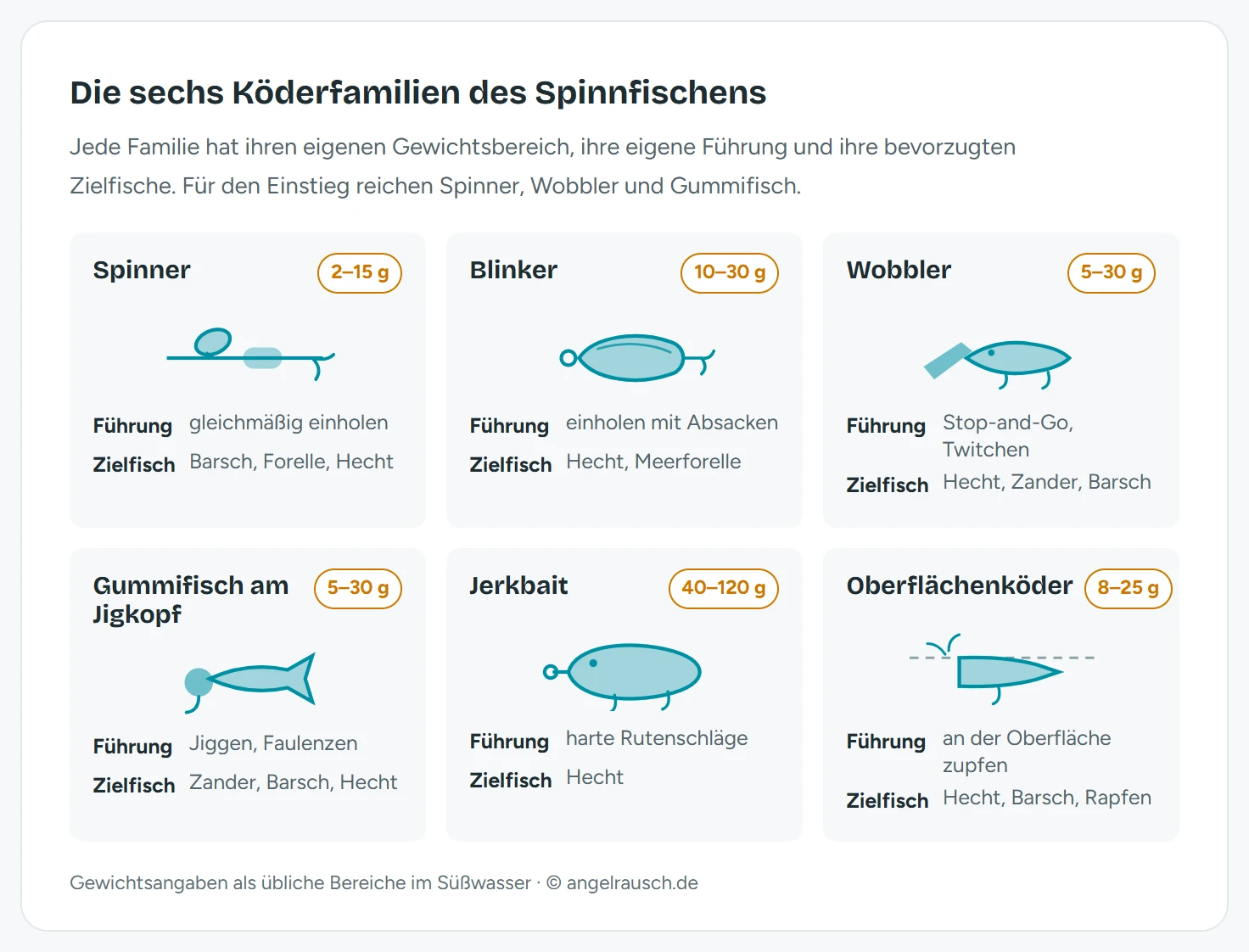 Übersichtsgrafik der sechs Köderfamilien beim Spinnfischen mit Silhouetten: Spinner 2 bis 15 Gramm, Blinker 10 bis 30 Gramm, Wobbler 5 bis 30 Gramm, Gummifisch am Jigkopf 5 bis 30 Gramm, Jerkbait 40 bis 120 Gramm und Oberflächenköder 8 bis 25 Gramm, je mit Führung und Zielfisch