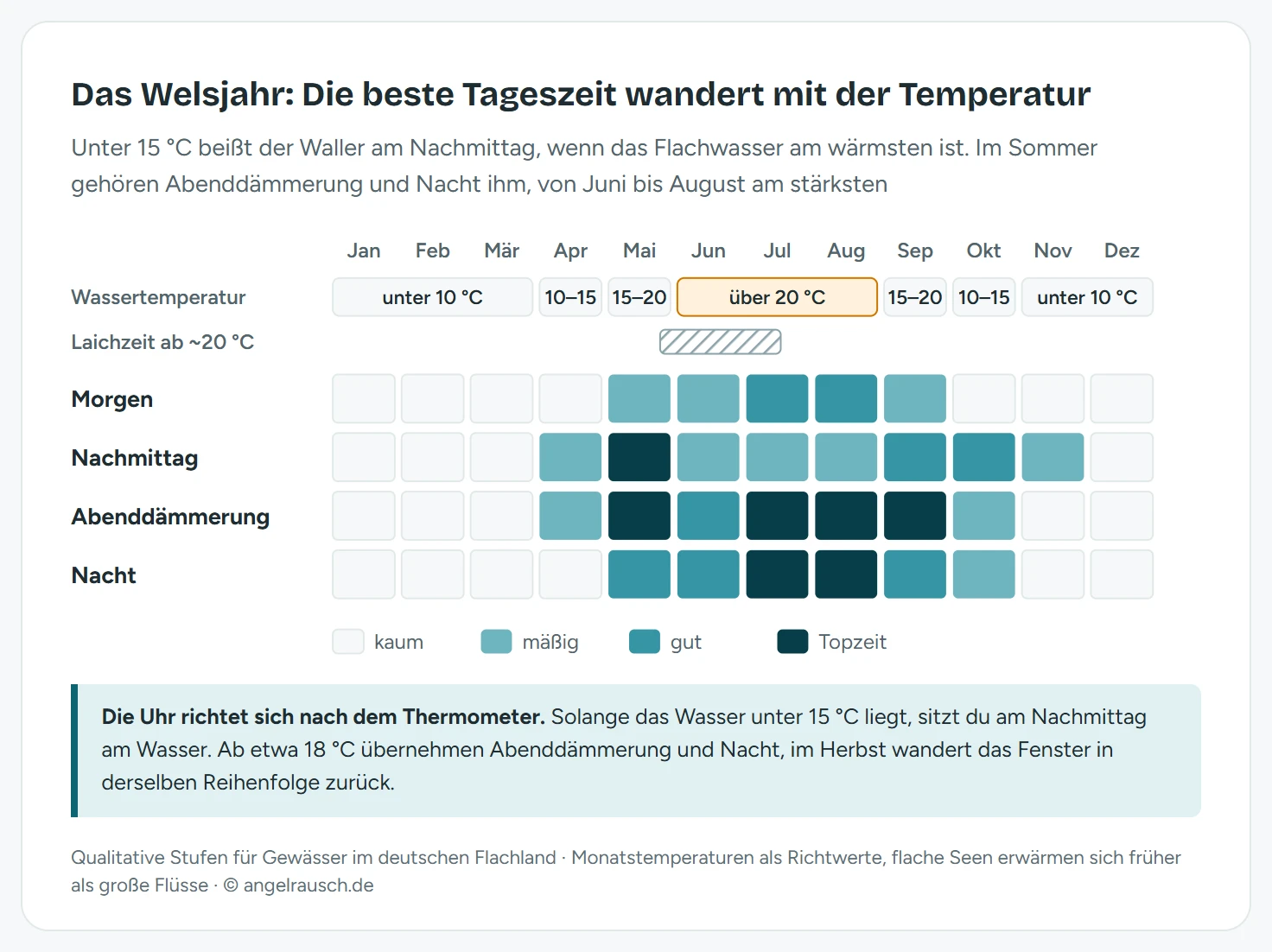 Farbraster mit zwölf Monaten und vier Tageszeiten: Von Dezember bis März kaum Aktivität, im Mai Topzeit am Nachmittag und in der Abenddämmerung, im Juli und August Topzeit in Abenddämmerung und Nacht, im September Topzeit in der Abenddämmerung, im Oktober gut am Nachmittag; darüber die typische Wassertemperatur von unter 10 bis über 20 Grad und eine schraffierte Laichzeit von Ende Mai bis in den Juli