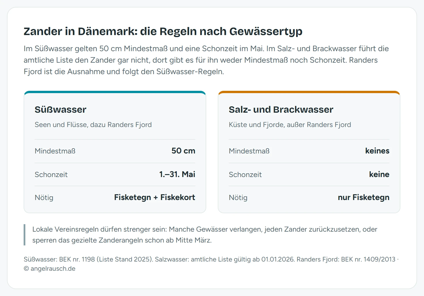 Vergleichsgrafik der Zander-Regeln in Dänemark: Im Süßwasser inklusive Randers Fjord gelten 50 cm Mindestmaß, Schonzeit vom 1. bis 31. Mai und die Pflicht zu Fisketegn plus Fiskekort. Im Salz- und Brackwasser außerhalb des Randers Fjords gibt es kein Mindestmaß und keine Schonzeit, nötig ist dort nur das Fisketegn