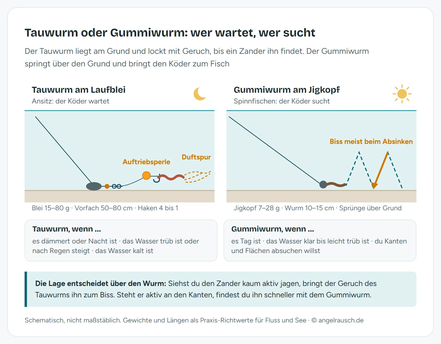 Gegenüberstellung zweier Schemata: links ein Tauwurm an der Laufbleimontage, durch eine Auftriebsperle wenige Zentimeter über dem Grund gehalten, mit Mond und Hinweis auf Nacht, trübes und steigendes Wasser; rechts ein Gummiwurm am Jigkopf mit der sägezahnförmigen Sprungbahn über den Grund, mit Sonne und Hinweis auf Tag, klares Wasser und aktive Suche